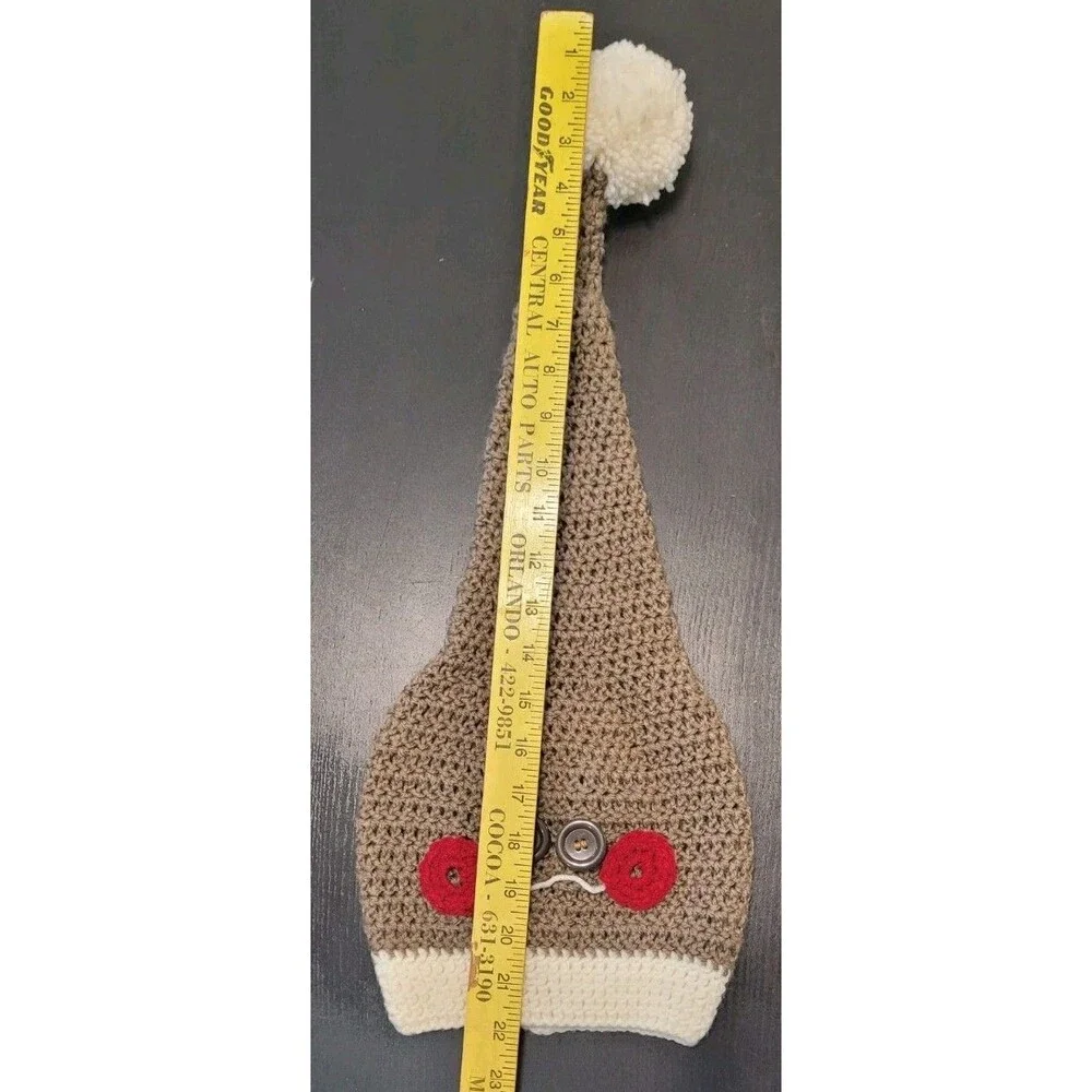 Kids Knit Winter Hat With Face Brown 22 Inch Pom Pom 0-5 Yrs Old Hat